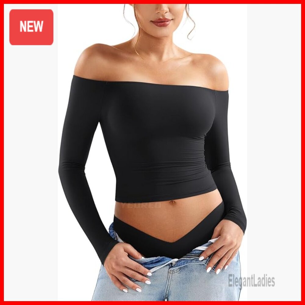 Off Shoulder Long Sleeve Double Lined Stretch Bas… - image 1